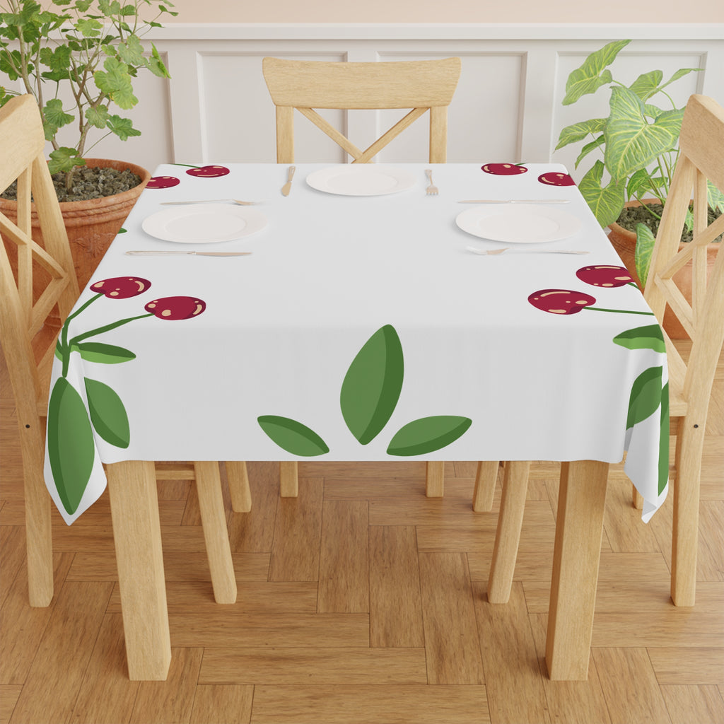 Cherry Corner Tablecloth — White Cotton-Look Dining Cloth with Red Cherry & Green Leaves