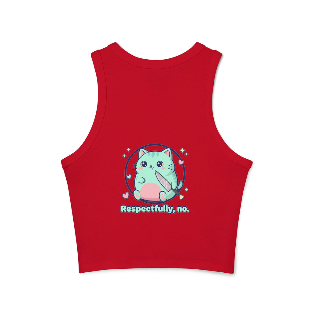 Cat "Respectfully, No." Racer Tank Top — Cute Kawaii Kitty Graphic