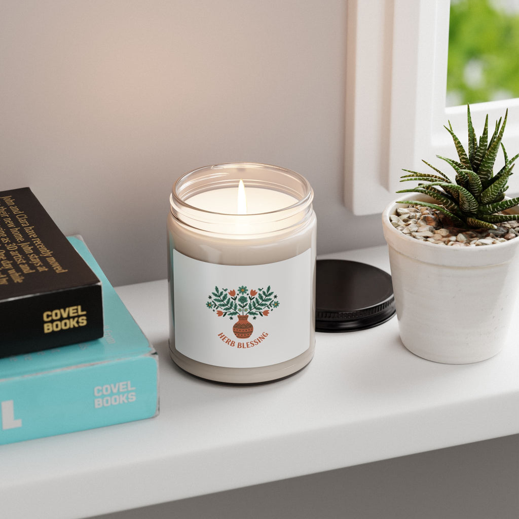 Herb Blessing Soy Candle, folk art print | hand-drawn botanical, rustic floral