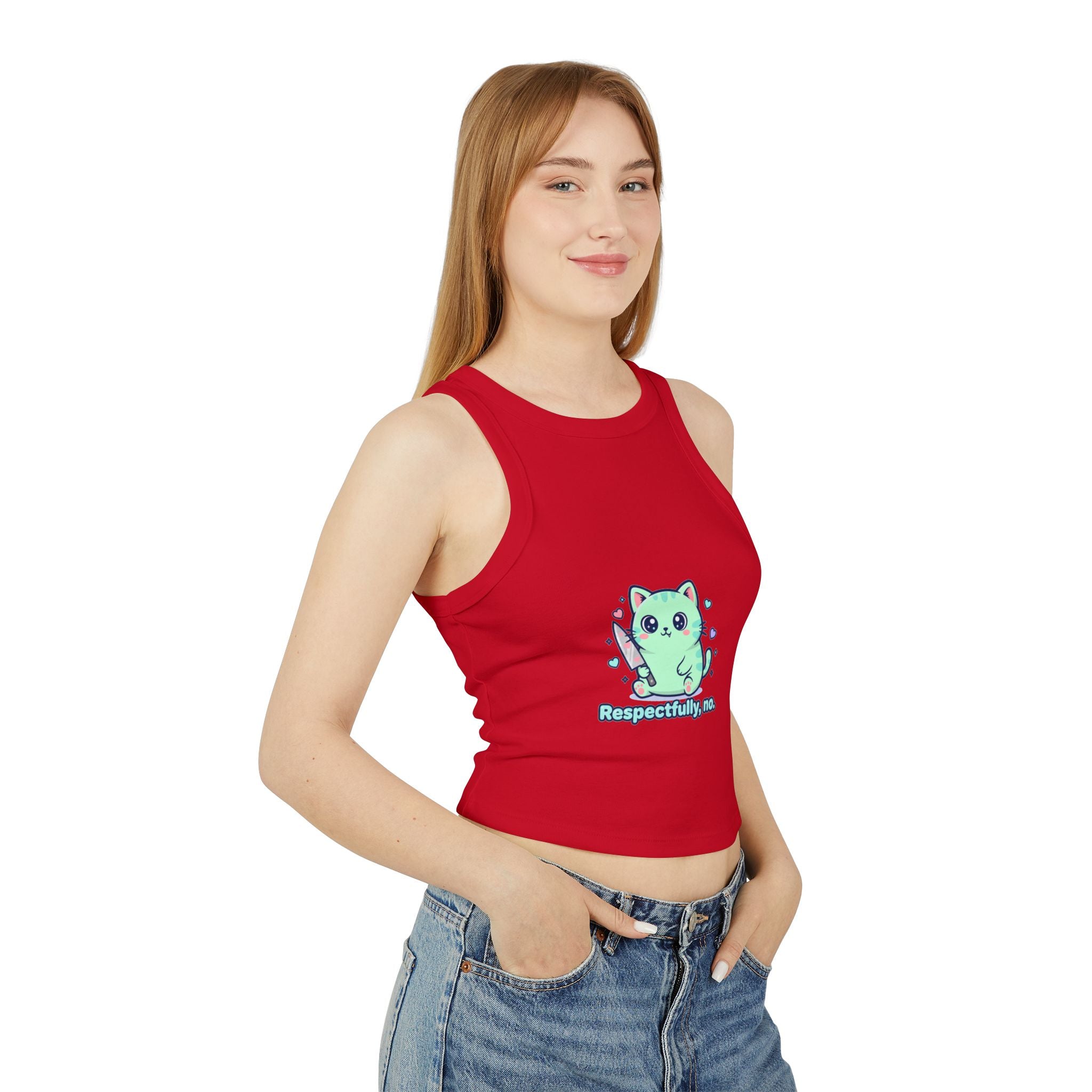 Cat "Respectfully, No." Racer Tank Top — Cute Kawaii Kitty Graphic