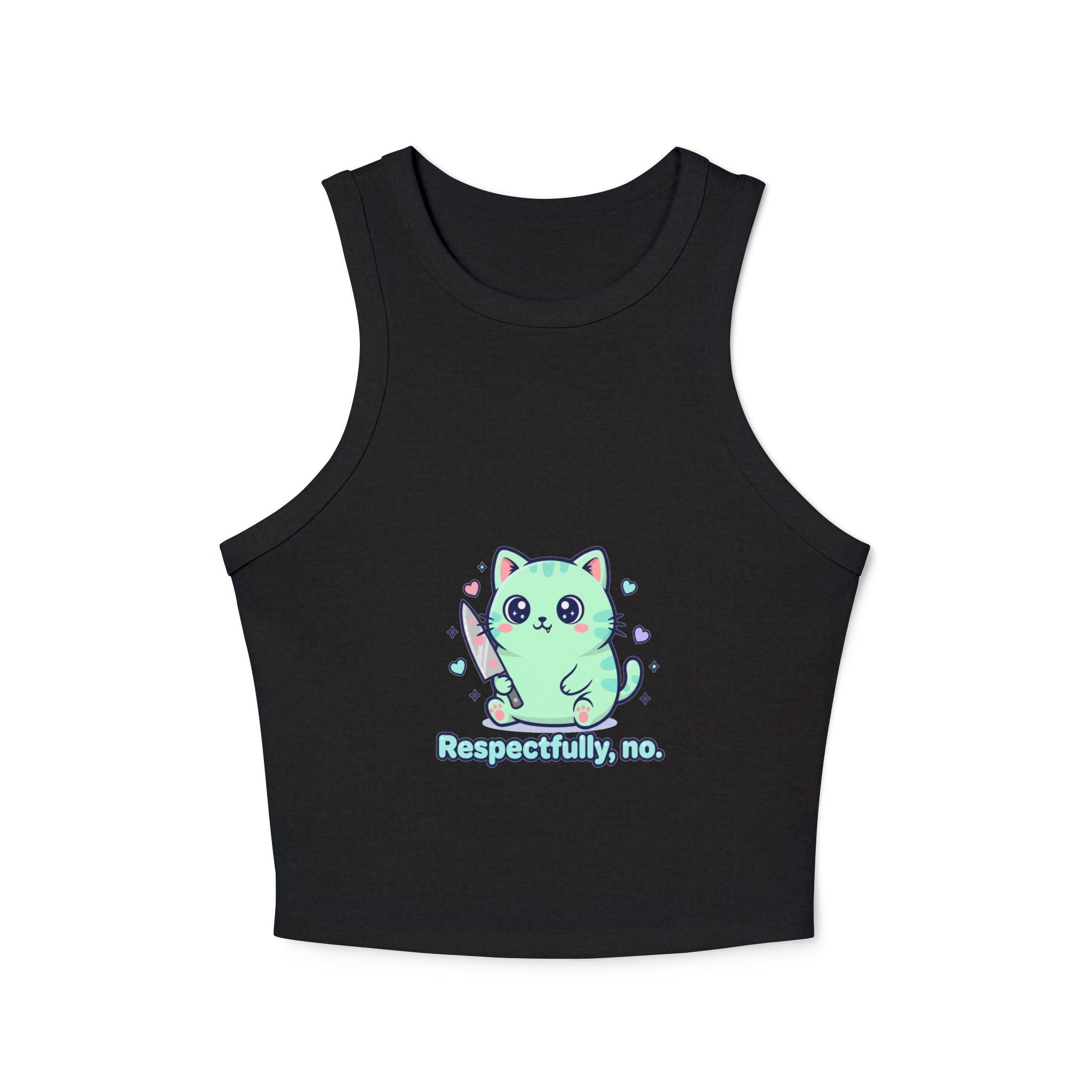 Cat "Respectfully, No." Racer Tank Top — Cute Kawaii Kitty Graphic