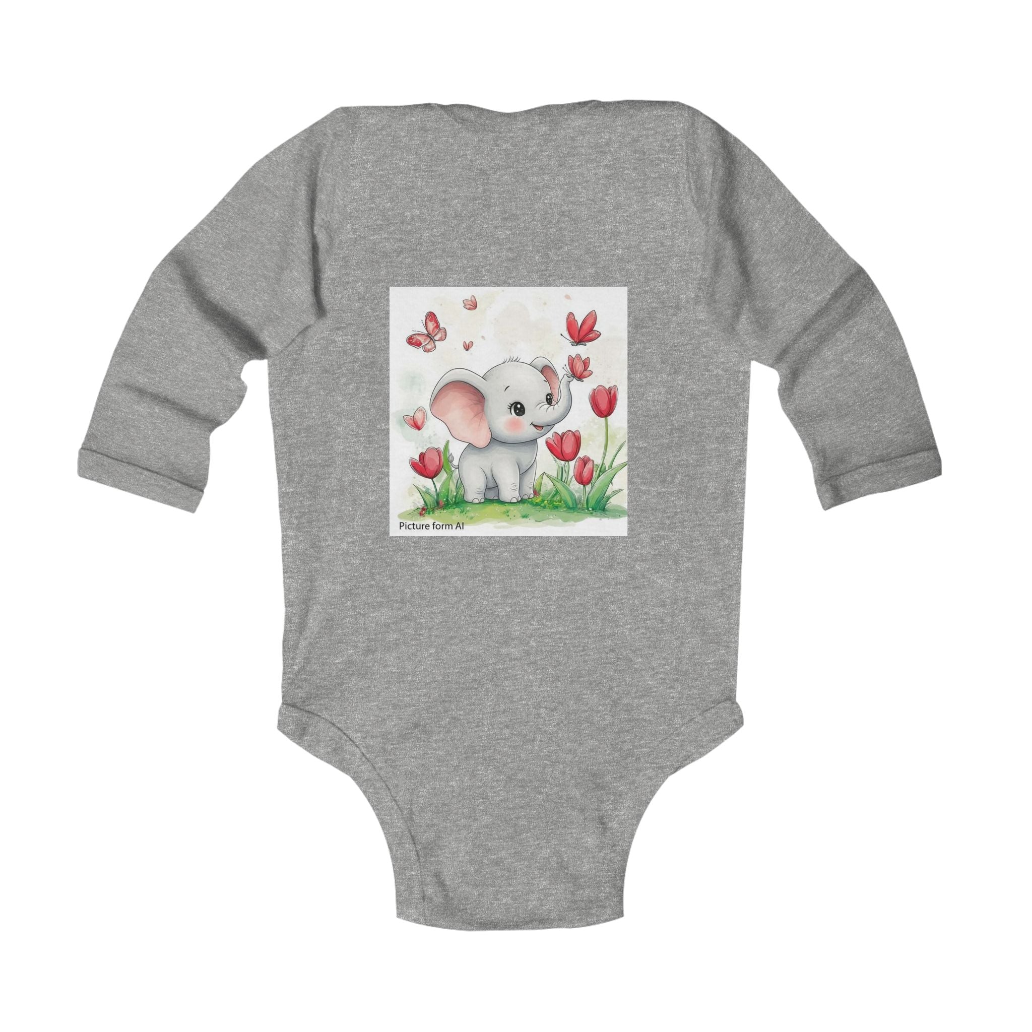 Infant Bodysuit — Cute Elephant in Tulip Garden Long Sleeve Baby Onesie