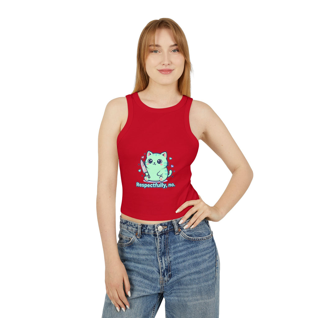 Cat "Respectfully, No." Racer Tank Top — Cute Kawaii Kitty Graphic