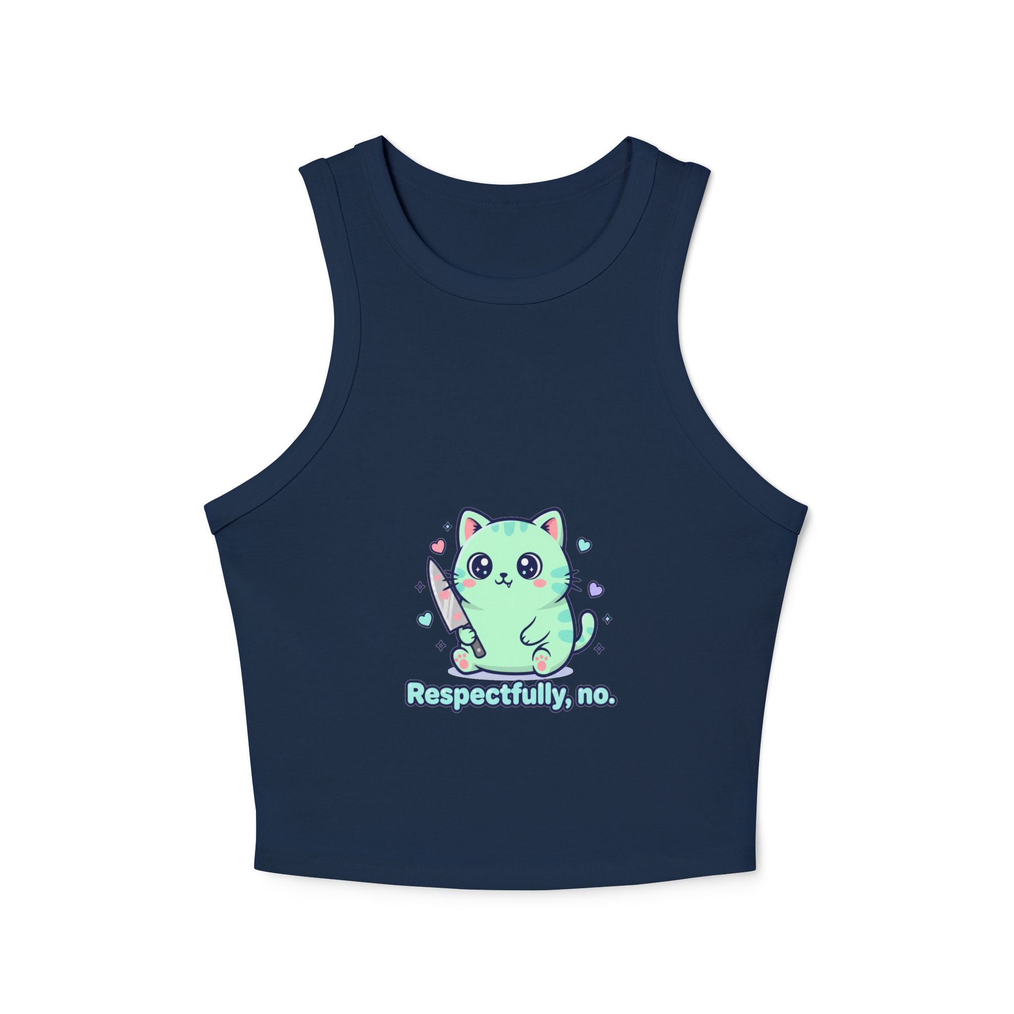 Cat "Respectfully, No." Racer Tank Top — Cute Kawaii Kitty Graphic