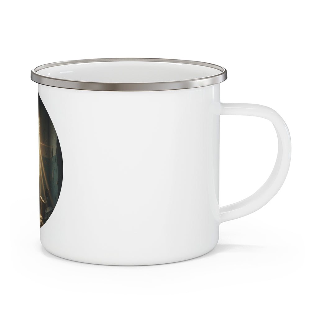 Post-Apocalyptic Survivor Enamel Mug | Lone Figure, Gas Mask, Sun Rays
