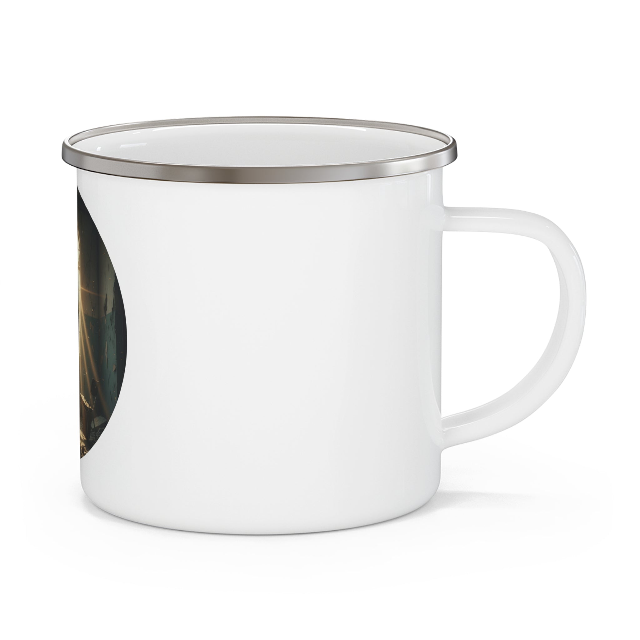 Post-Apocalyptic Survivor Enamel Mug | Lone Figure, Gas Mask, Sun Rays