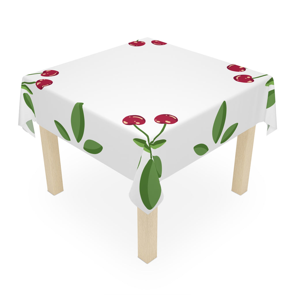 Cherry Corner Tablecloth — White Cotton-Look Dining Cloth with Red Cherry & Green Leaves