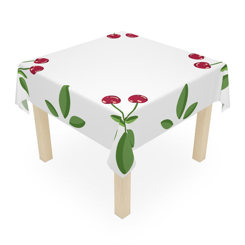 Cherry Corner Tablecloth — White Cotton-Look Dining Cloth with Red Cherry & Green Leaves