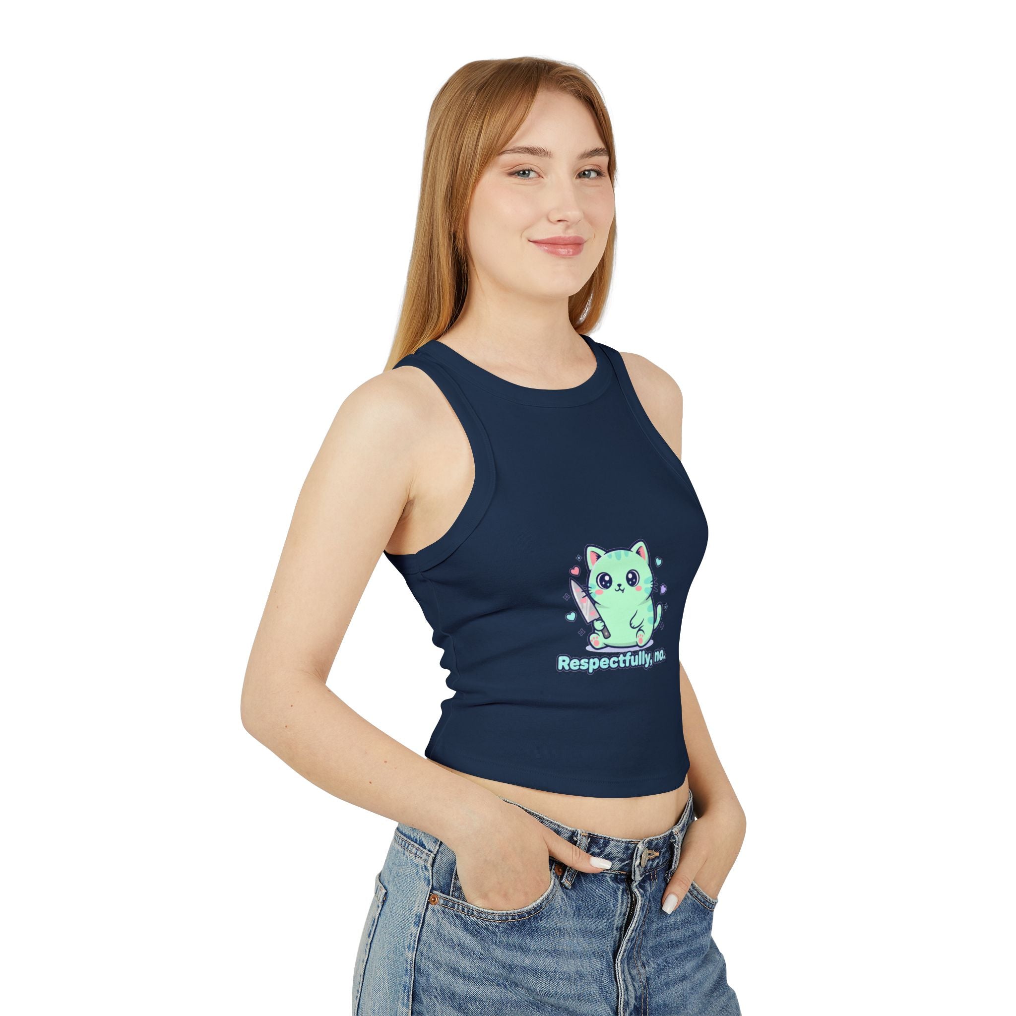 Cat "Respectfully, No." Racer Tank Top — Cute Kawaii Kitty Graphic