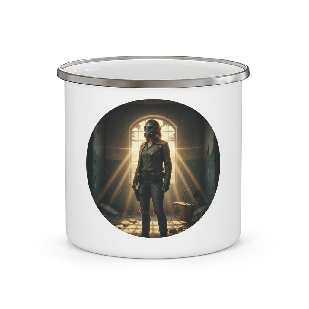 Post-Apocalyptic Survivor Enamel Mug | Lone Figure, Gas Mask, Sun Rays