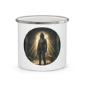 Post-Apocalyptic Survivor Enamel Mug | Lone Figure, Gas Mask, Sun Rays