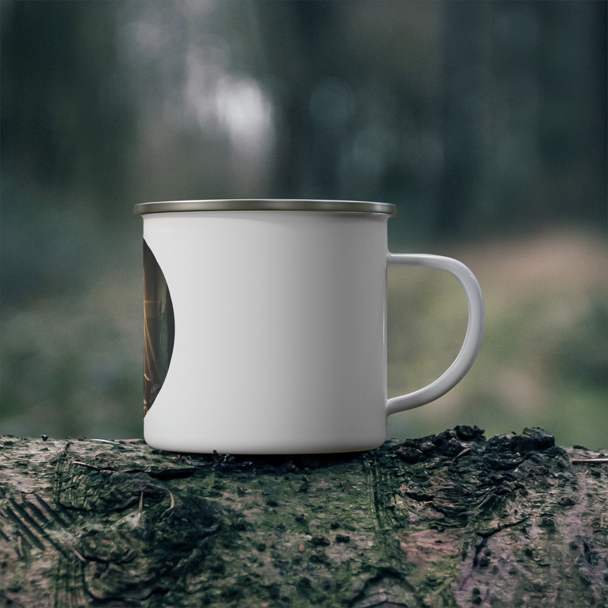 Post-Apocalyptic Survivor Enamel Mug | Lone Figure, Gas Mask, Sun Rays