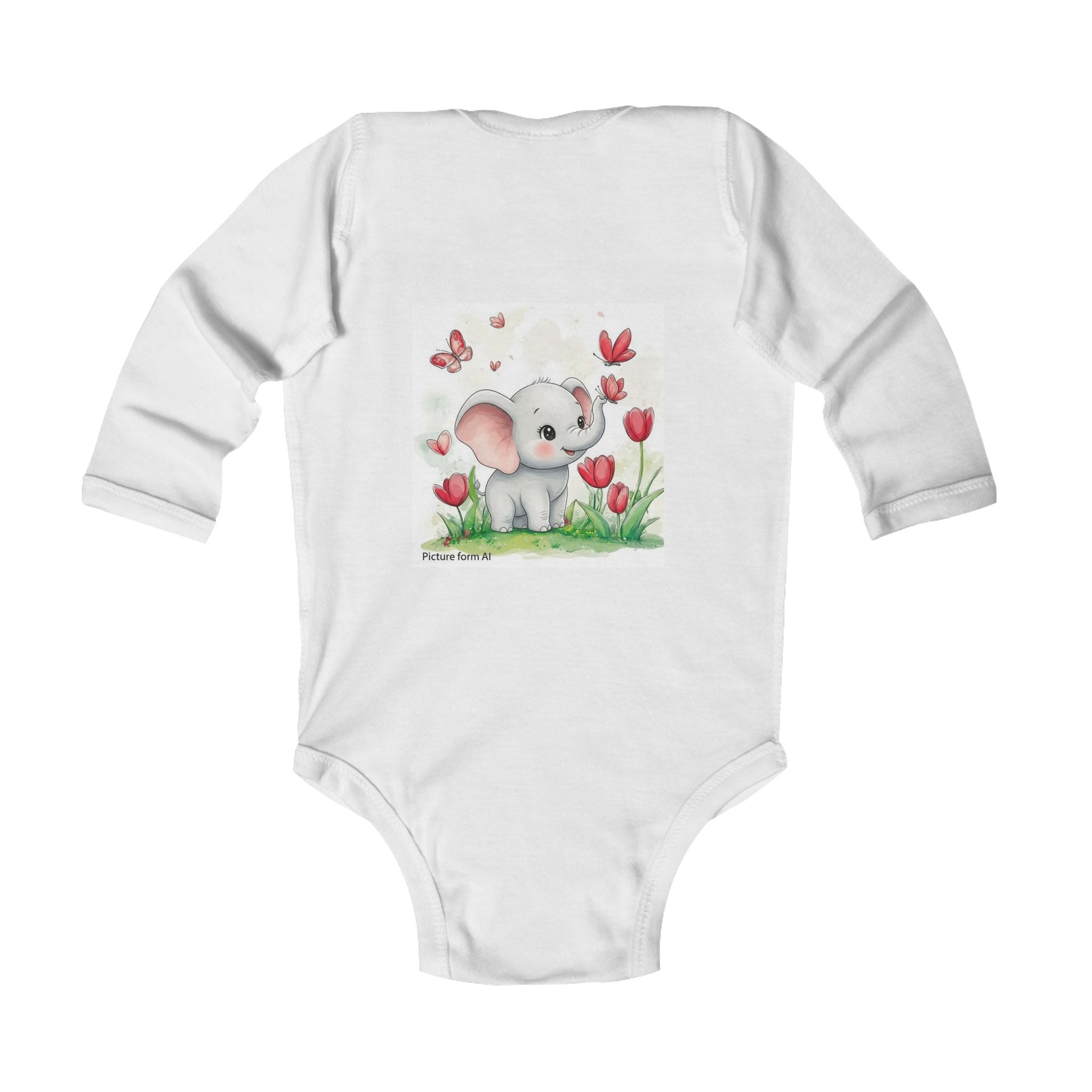 Infant Bodysuit — Cute Elephant in Tulip Garden Long Sleeve Baby Onesie