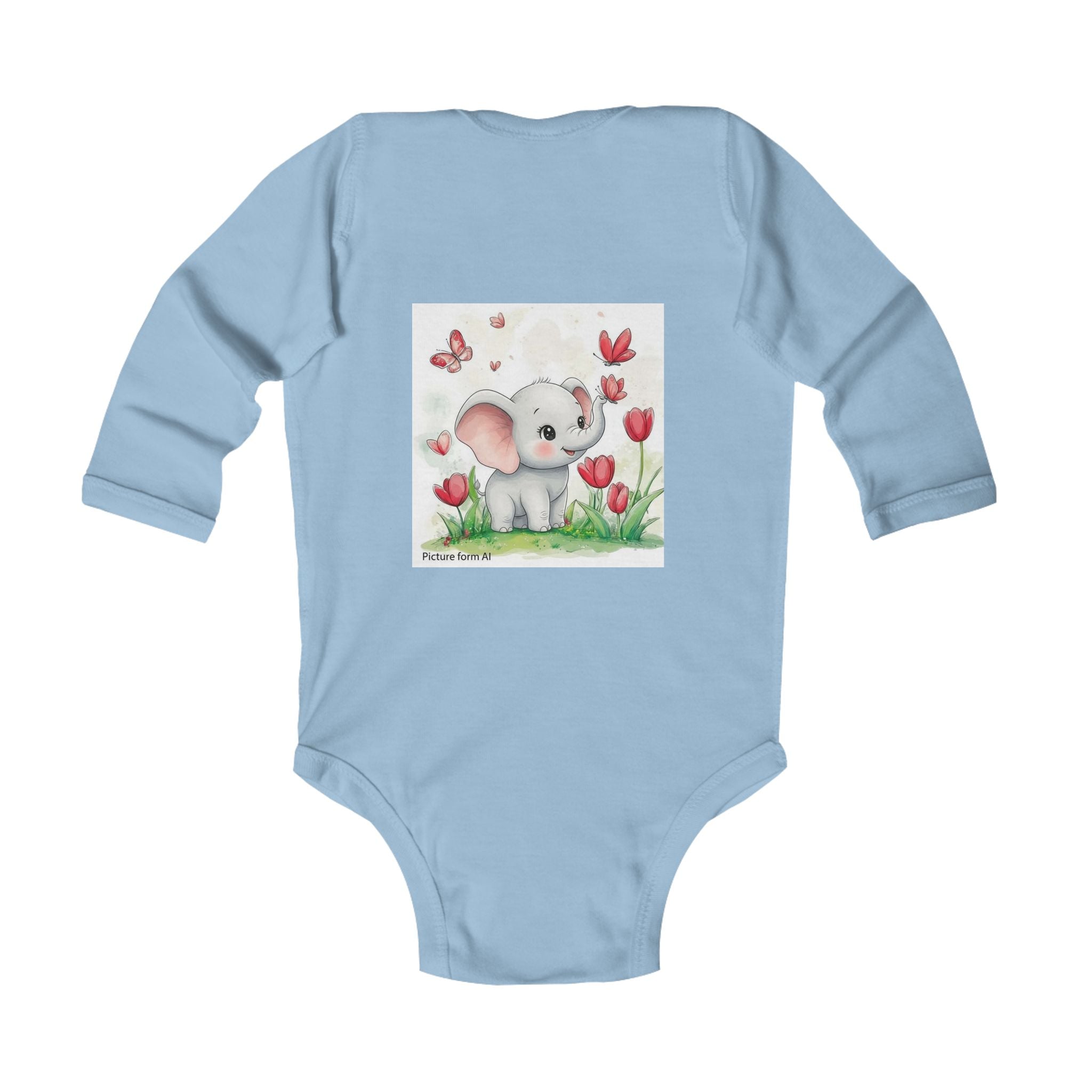 Infant Bodysuit — Cute Elephant in Tulip Garden Long Sleeve Baby Onesie
