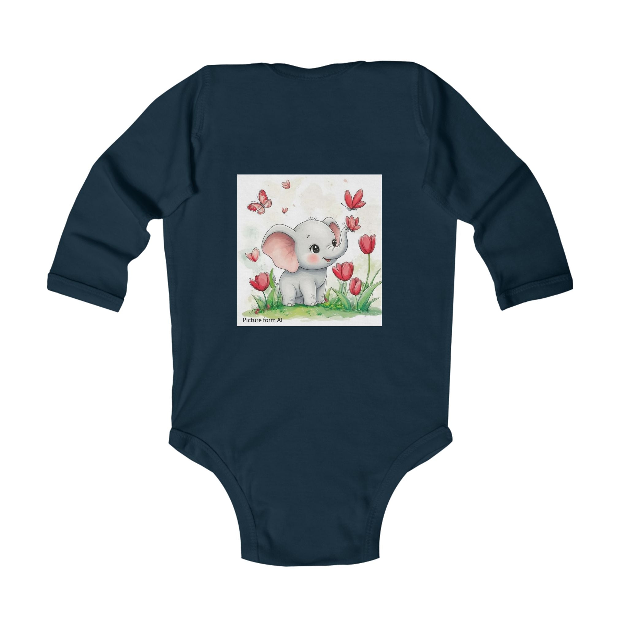 Infant Bodysuit — Cute Elephant in Tulip Garden Long Sleeve Baby Onesie