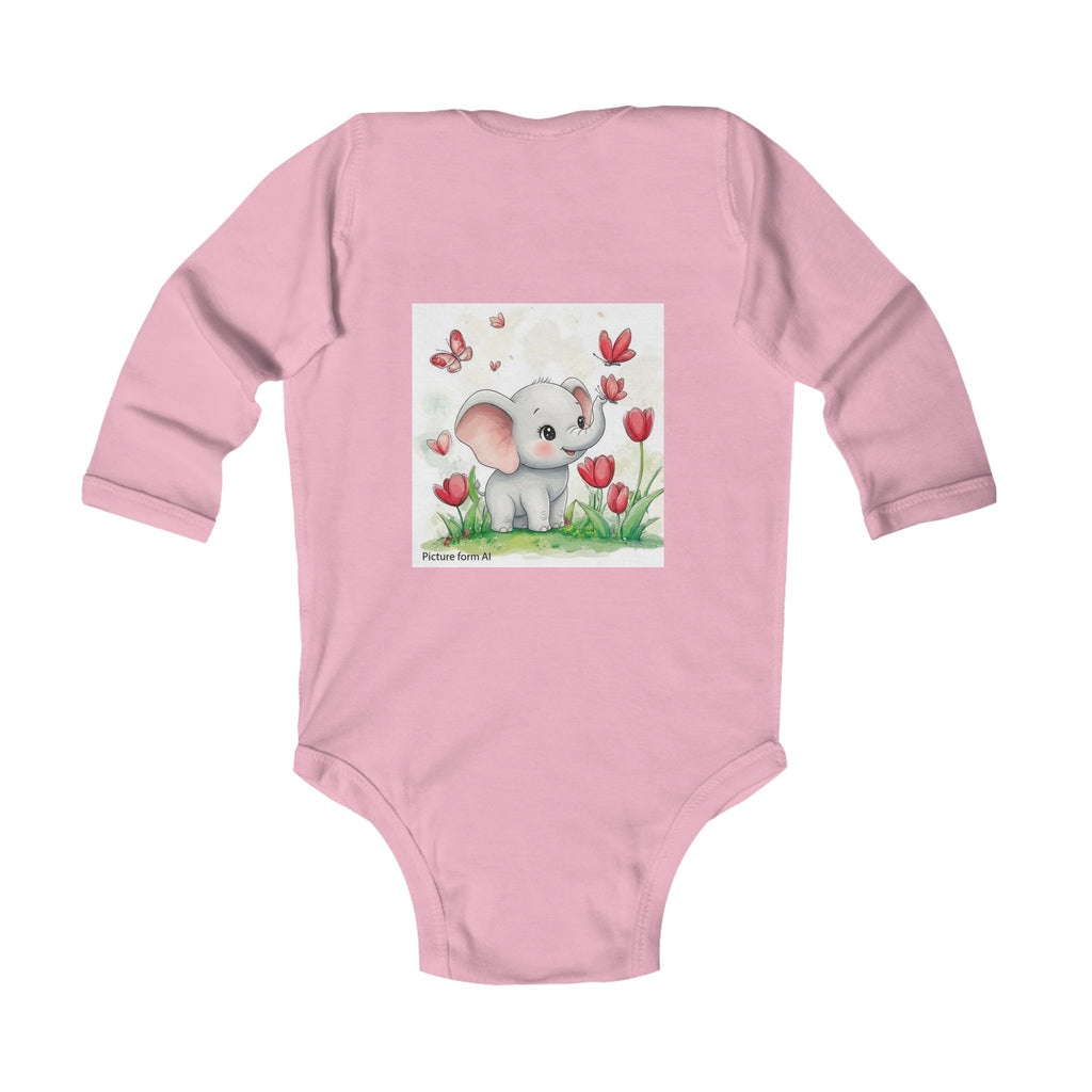 Infant Bodysuit — Cute Elephant in Tulip Garden Long Sleeve Baby Onesie