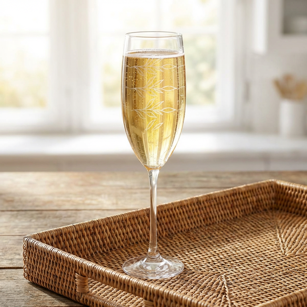 Etched Laurel Champagne Glass 8oz | Engraved Floral Stemware