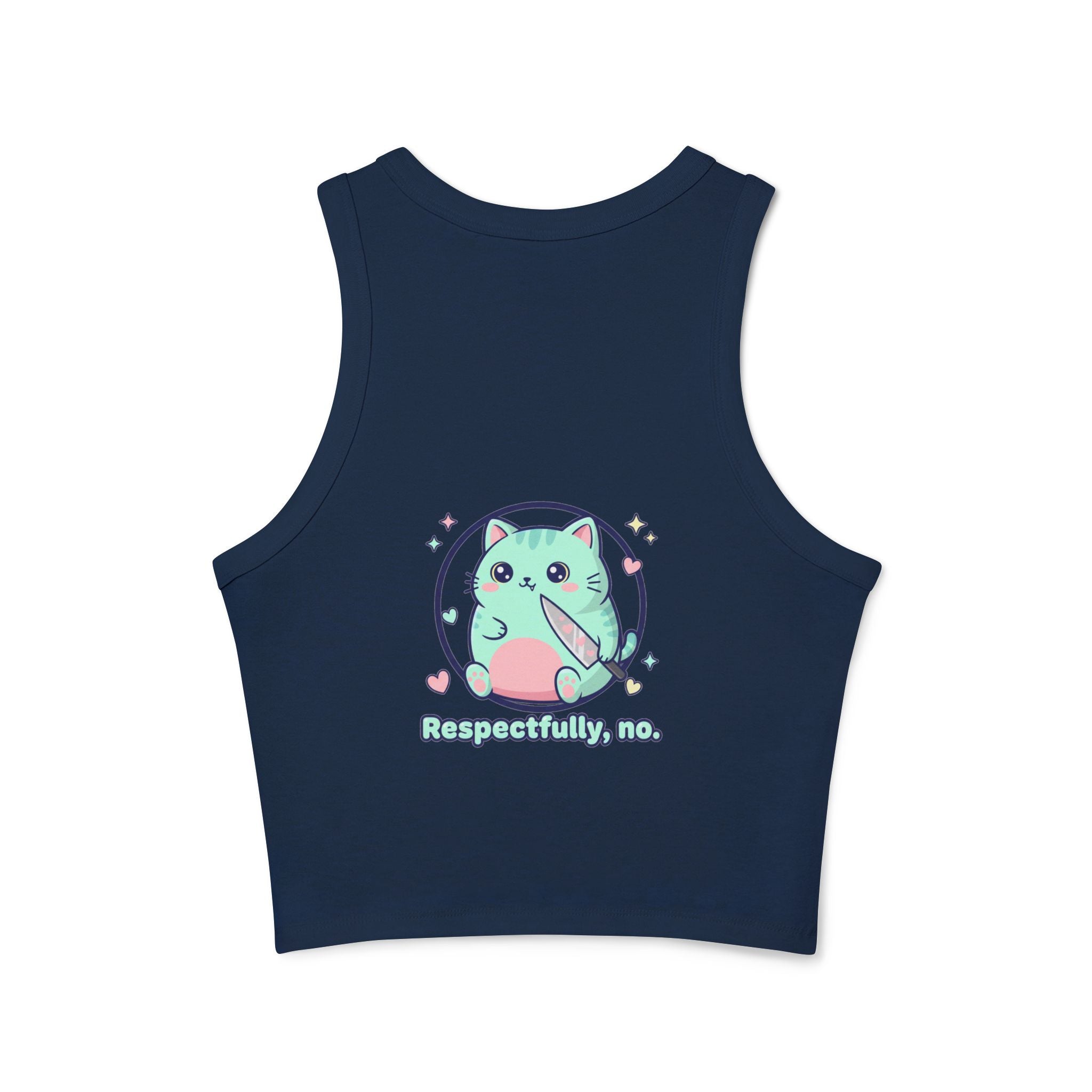 Cat "Respectfully, No." Racer Tank Top — Cute Kawaii Kitty Graphic