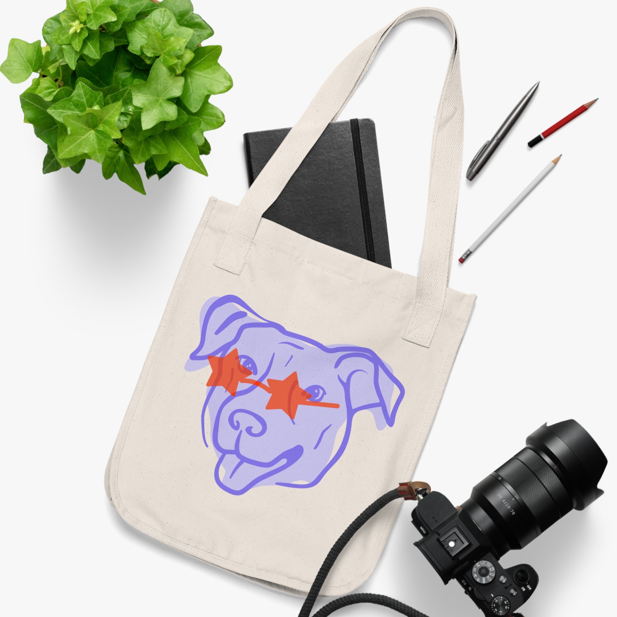 Star-Eyed Pup Canvas Tote — Organic Dog Lover Grocery Bag