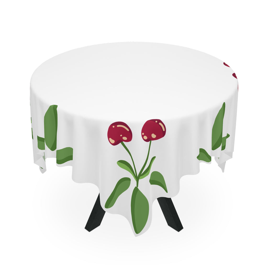Cherry Corner Tablecloth — White Cotton-Look Dining Cloth with Red Cherry & Green Leaves
