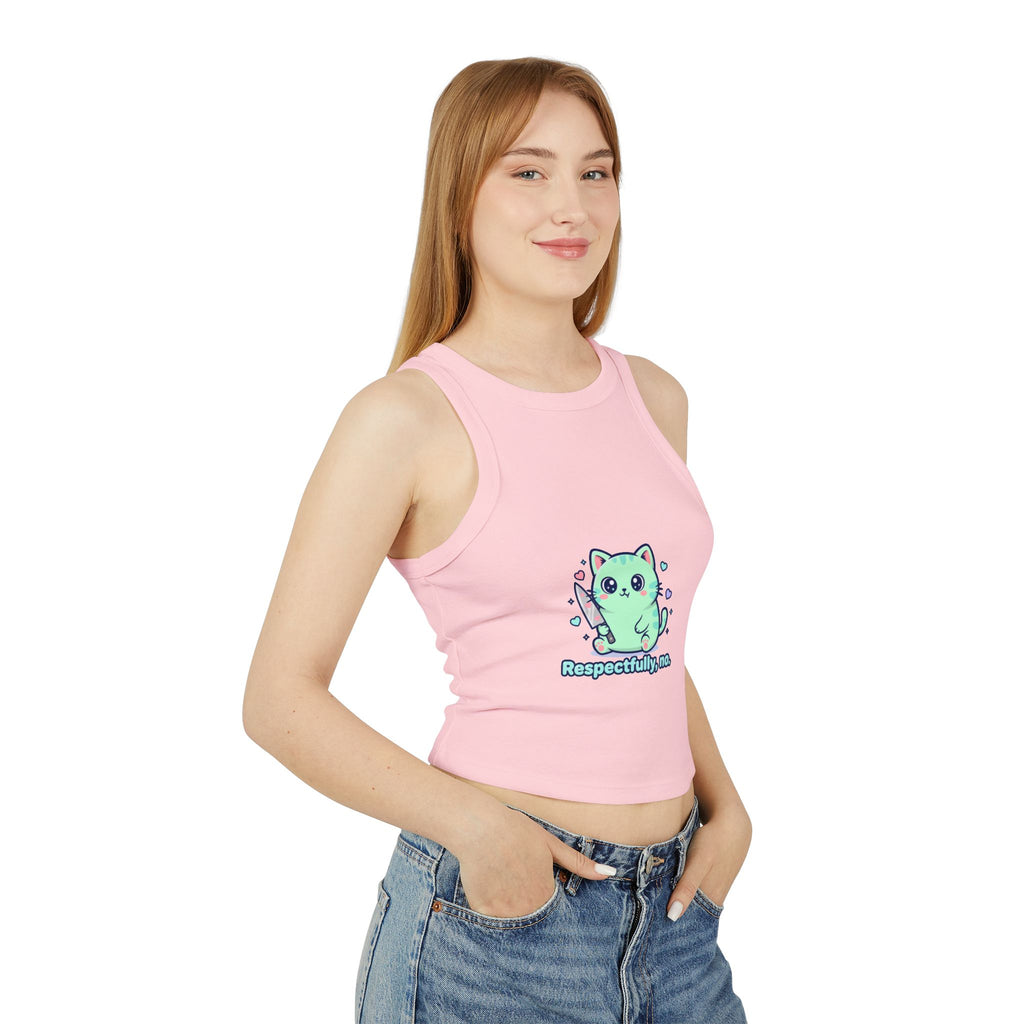 Cat "Respectfully, No." Racer Tank Top — Cute Kawaii Kitty Graphic