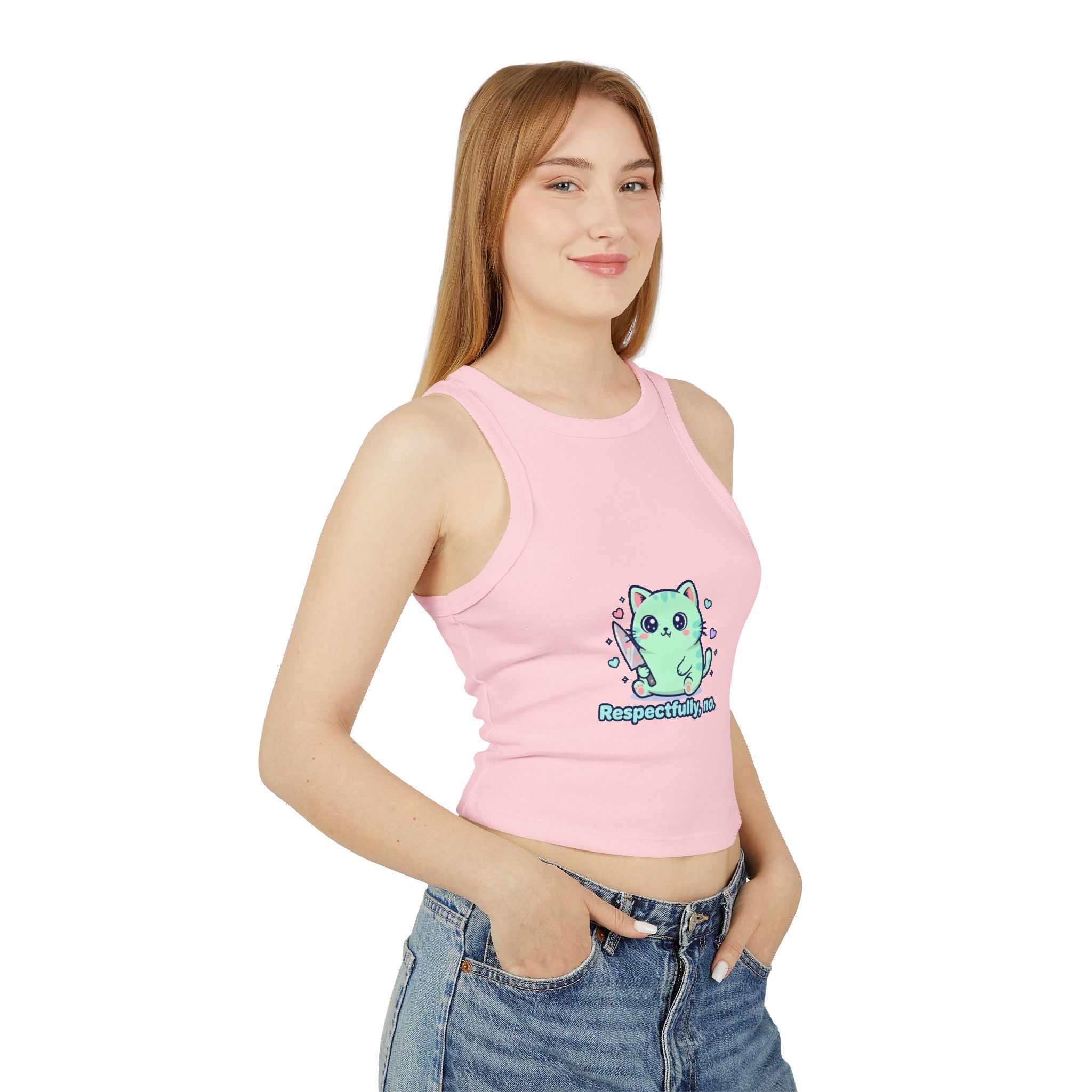 Cat "Respectfully, No." Racer Tank Top — Cute Kawaii Kitty Graphic