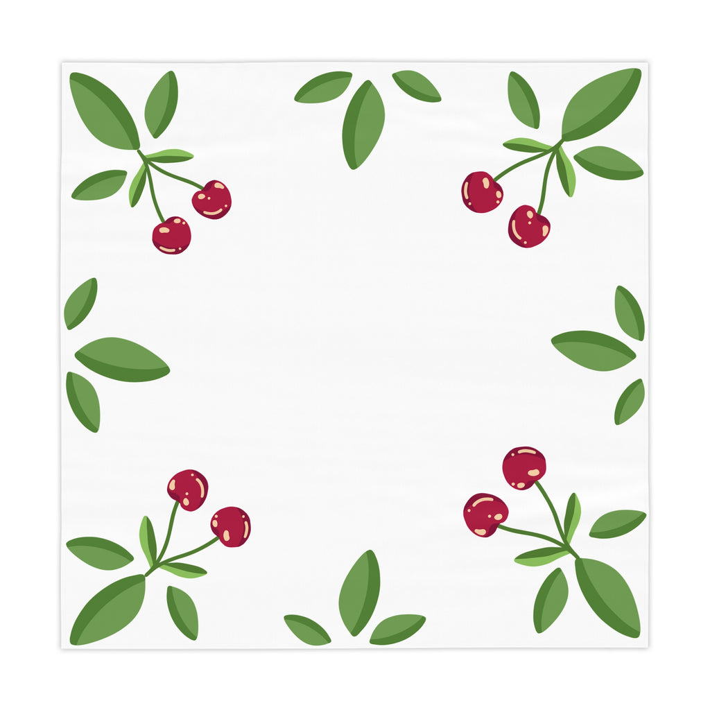 Cherry Corner Tablecloth — White Cotton-Look Dining Cloth with Red Cherry & Green Leaves