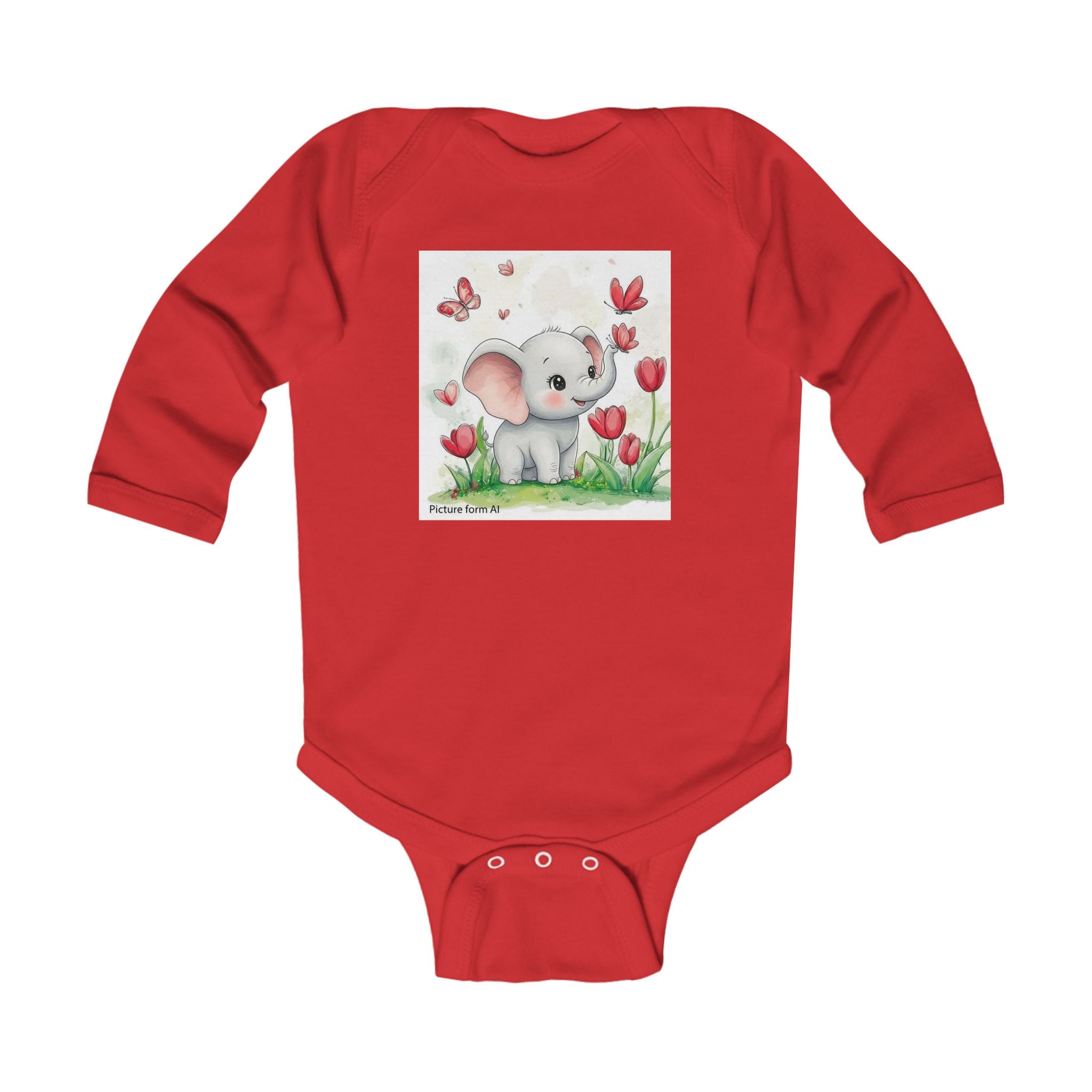 Infant Bodysuit — Cute Elephant in Tulip Garden Long Sleeve Baby Onesie