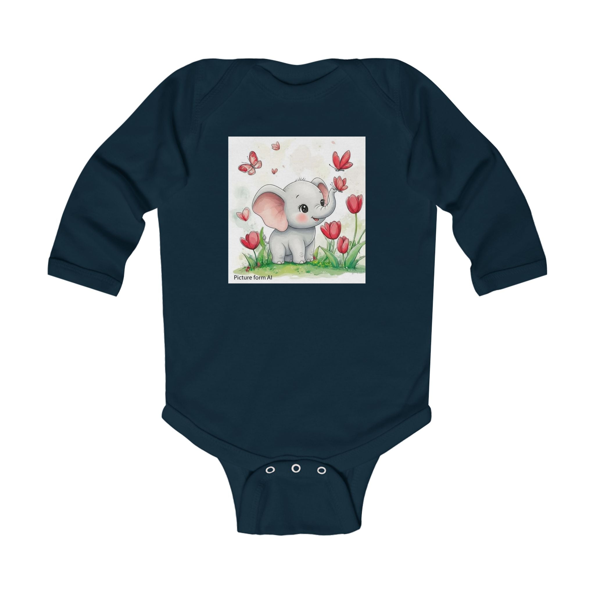 Infant Bodysuit — Cute Elephant in Tulip Garden Long Sleeve Baby Onesie