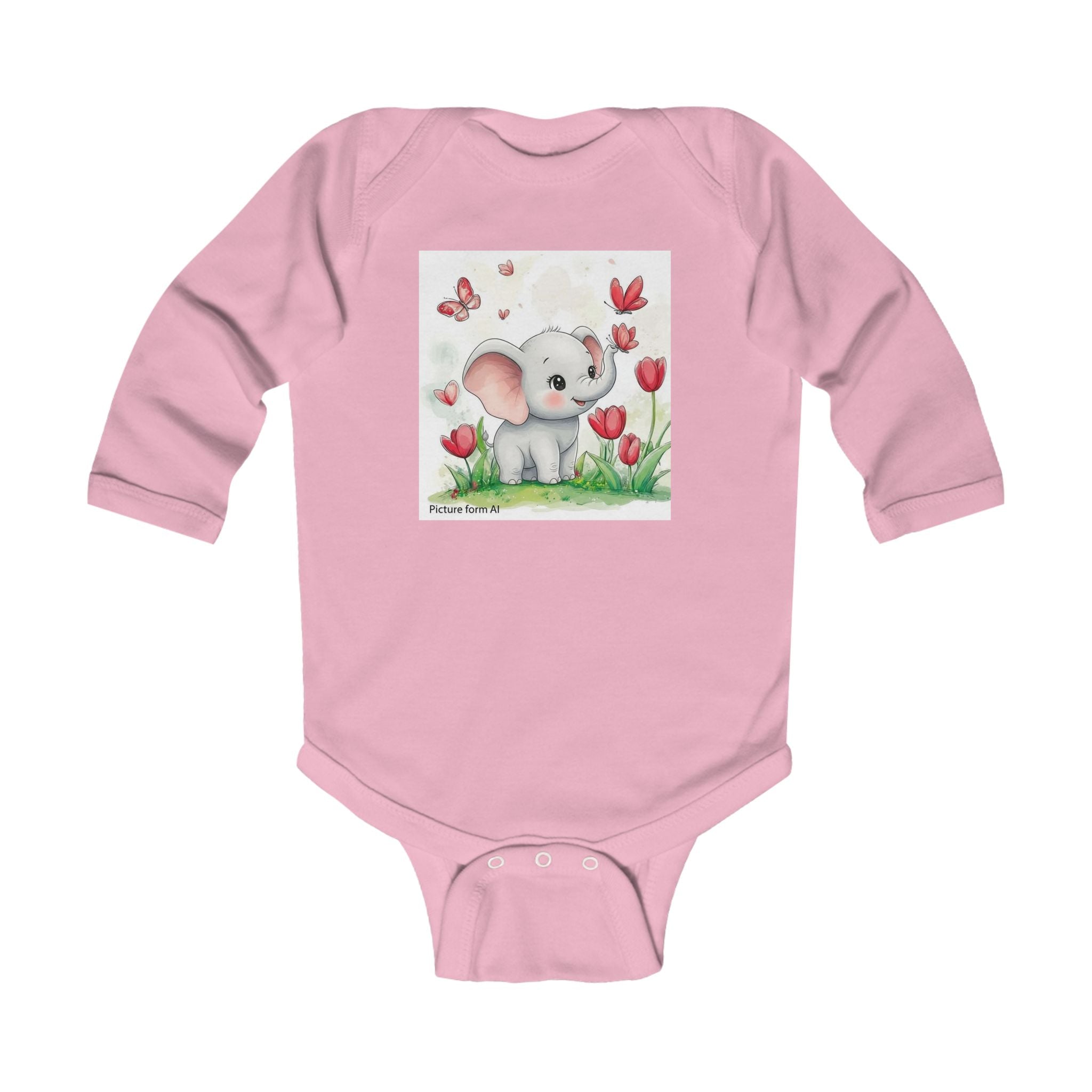 Infant Bodysuit — Cute Elephant in Tulip Garden Long Sleeve Baby Onesie