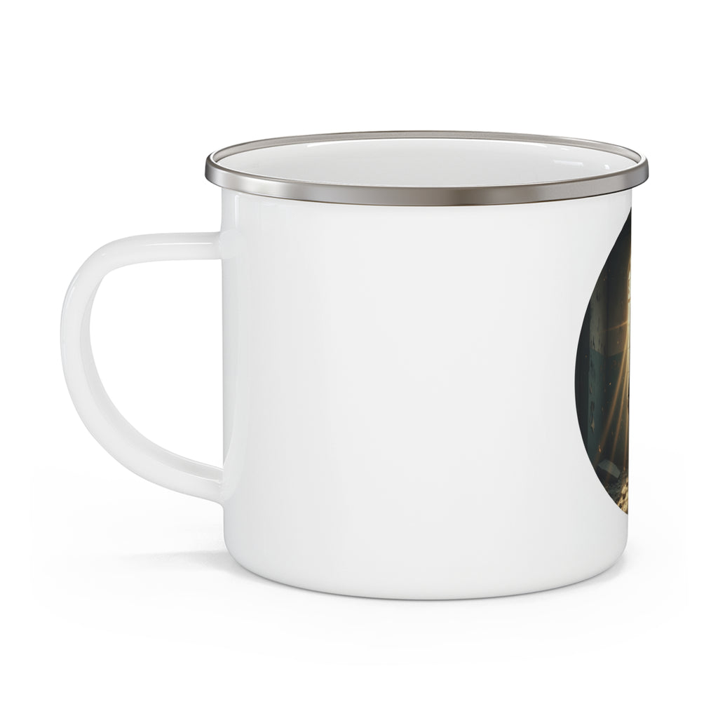 Post-Apocalyptic Survivor Enamel Mug | Lone Figure, Gas Mask, Sun Rays