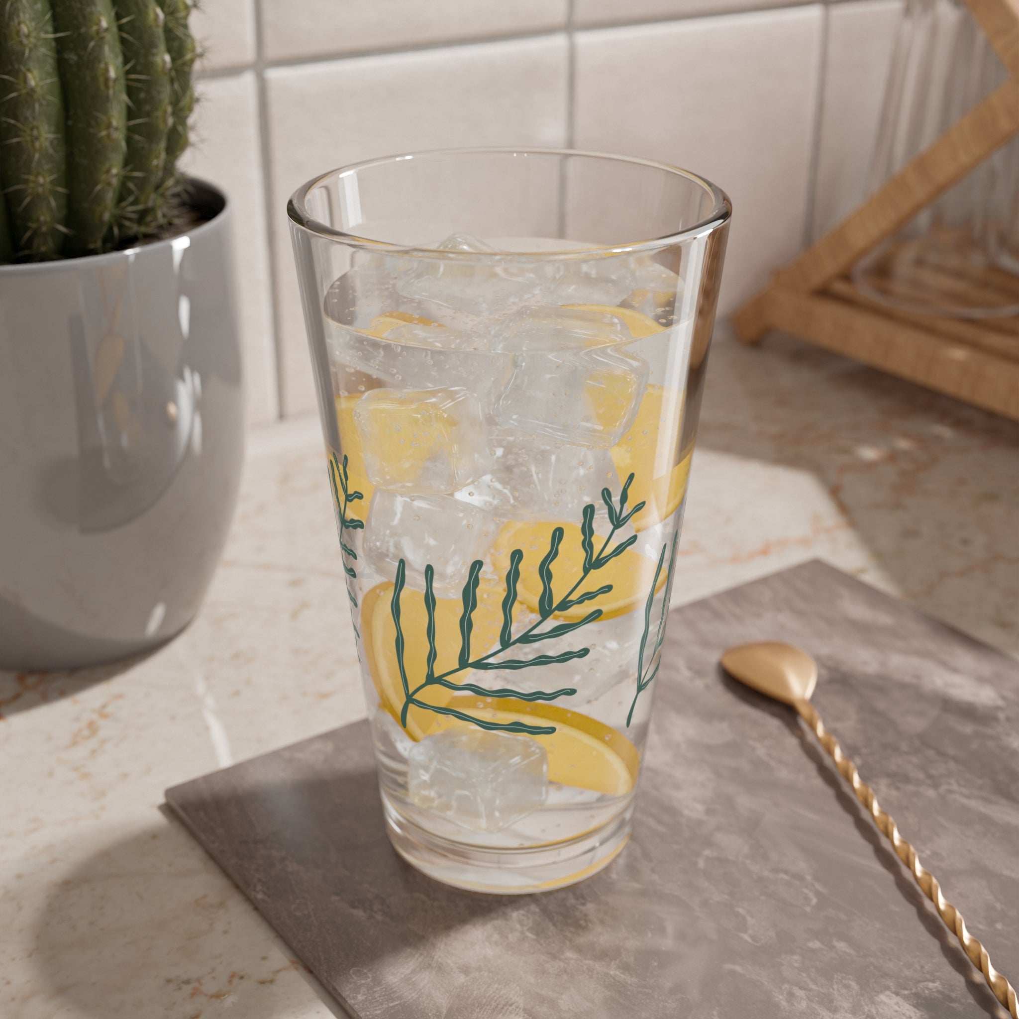 Green Fern Branch Mixing Glass, 16oz | Botanical Pint Glass